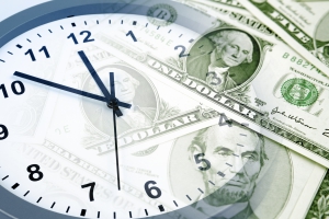 Clock face and American currency